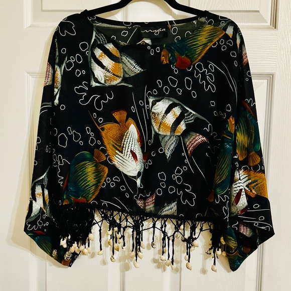 Tops - Black Fish Print Top with Shell Tassel Hem